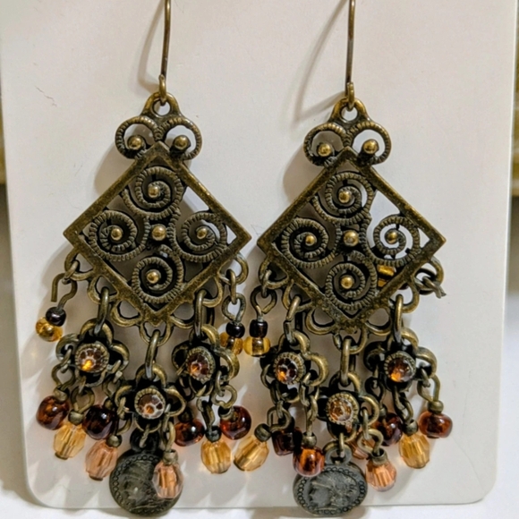 Vintage Bronze Court Style Chandelier Earrings with Beads - Picture 3 of 3